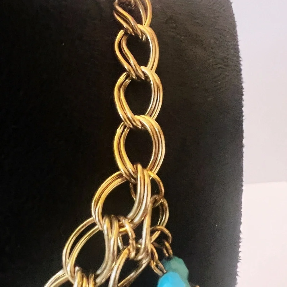 Statement Bib Necklace Gold Tone Turquoise Black And Wooden Beads Dangle Boho - Picture 4 of 6